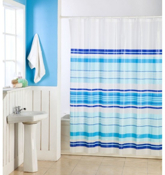 Aqua PVC Stripes Shower Curtain